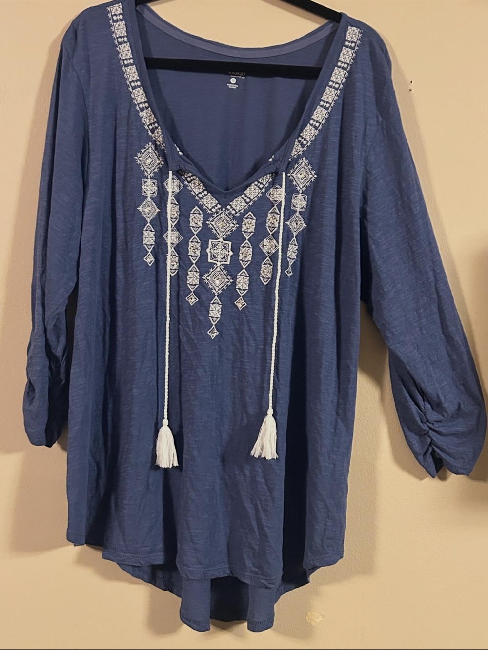 INDIGO - Embroidered V-Neck Tunic Top with Tassels - Blue